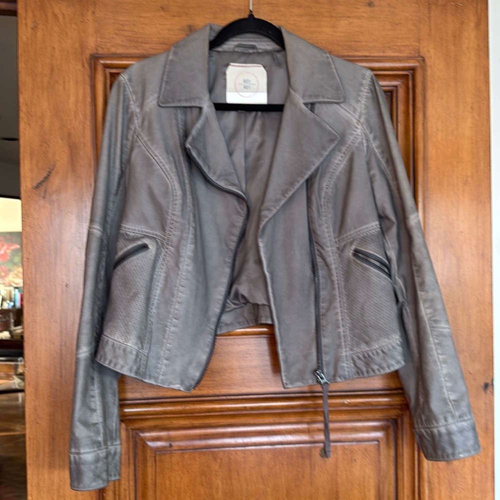 Faux grey Leather bomber style jacket. Size Medium. Brand Hei Hei